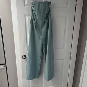 Club L London Seafoam Strapless Lace-Up Wide Leg Jumpsuit